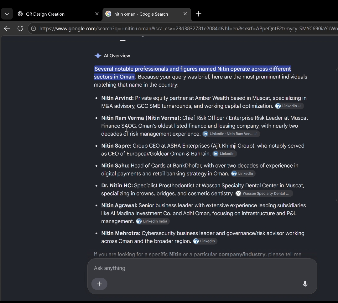 Google AI Overview for nitin oman listing Nitin Arvind first